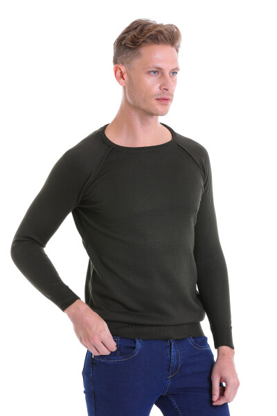 Haki Regular Fit Desenli Bisiklet Yaka Yünlü Triko Kazak - 9