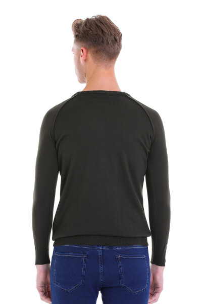 Haki Regular Fit Desenli Bisiklet Yaka Yünlü Triko Kazak - 12