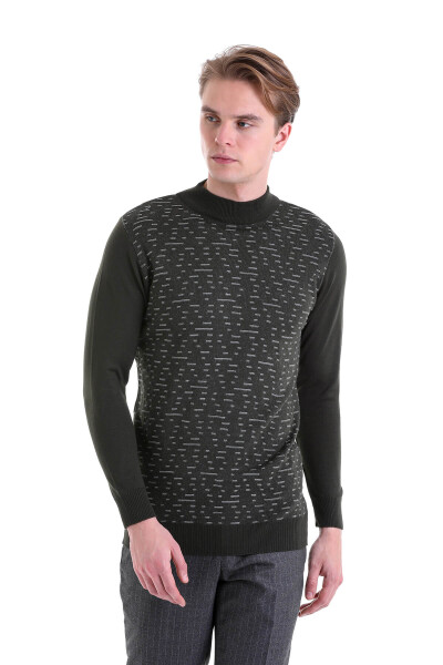 Haki Comfort Fit Jakarlı Yarım Balıkçı Yaka Yünlü Triko Kazak - 3