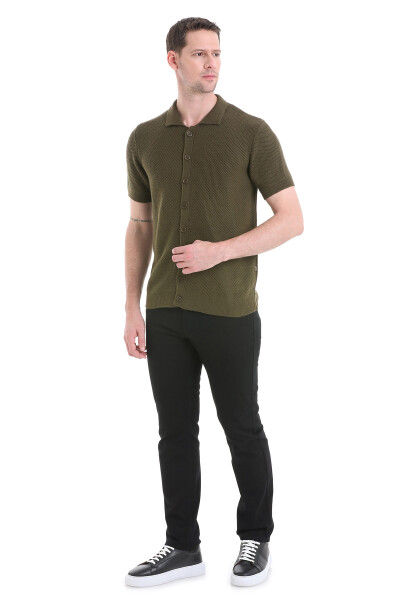 Haki Regular Fit Düğmeli Kısa Kollu Triko Hırka - 2