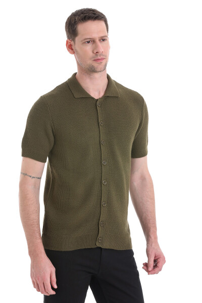 Haki Regular Fit Düğmeli Kısa Kollu Triko Hırka - 3