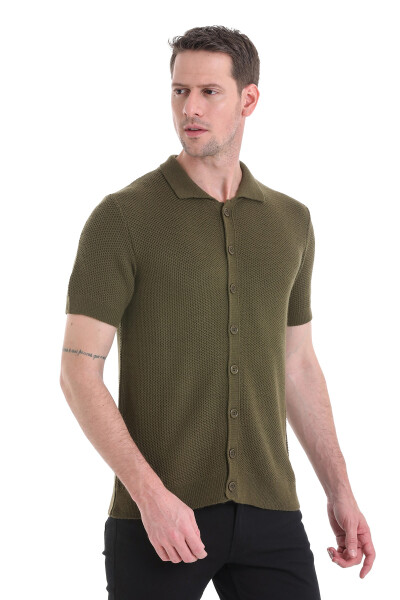Haki Regular Fit Düğmeli Kısa Kollu Triko Hırka - 4
