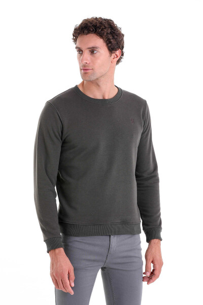 Haki Regular Fit Düz Pamuklu Bisiklet Yaka Sweatshirt - 3