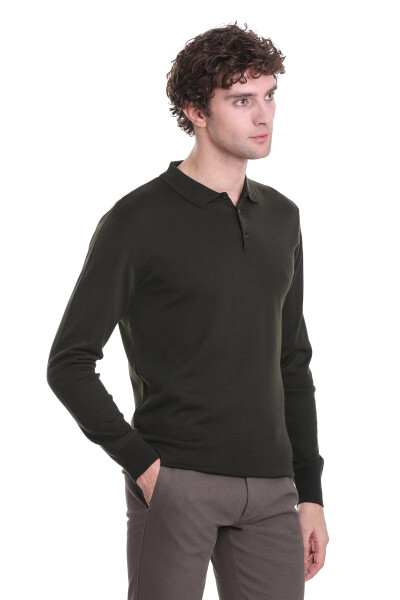 Haki Regular Fit Polo Yaka Triko Kazak - 3