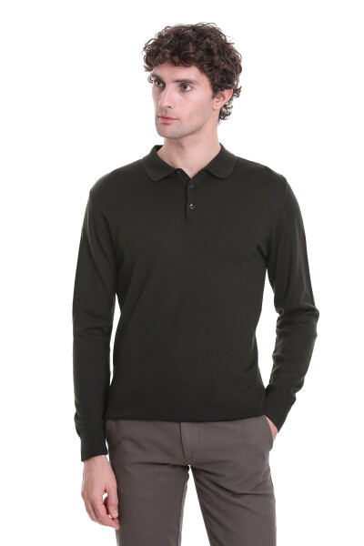 Haki Regular Fit Polo Yaka Triko Kazak - 4