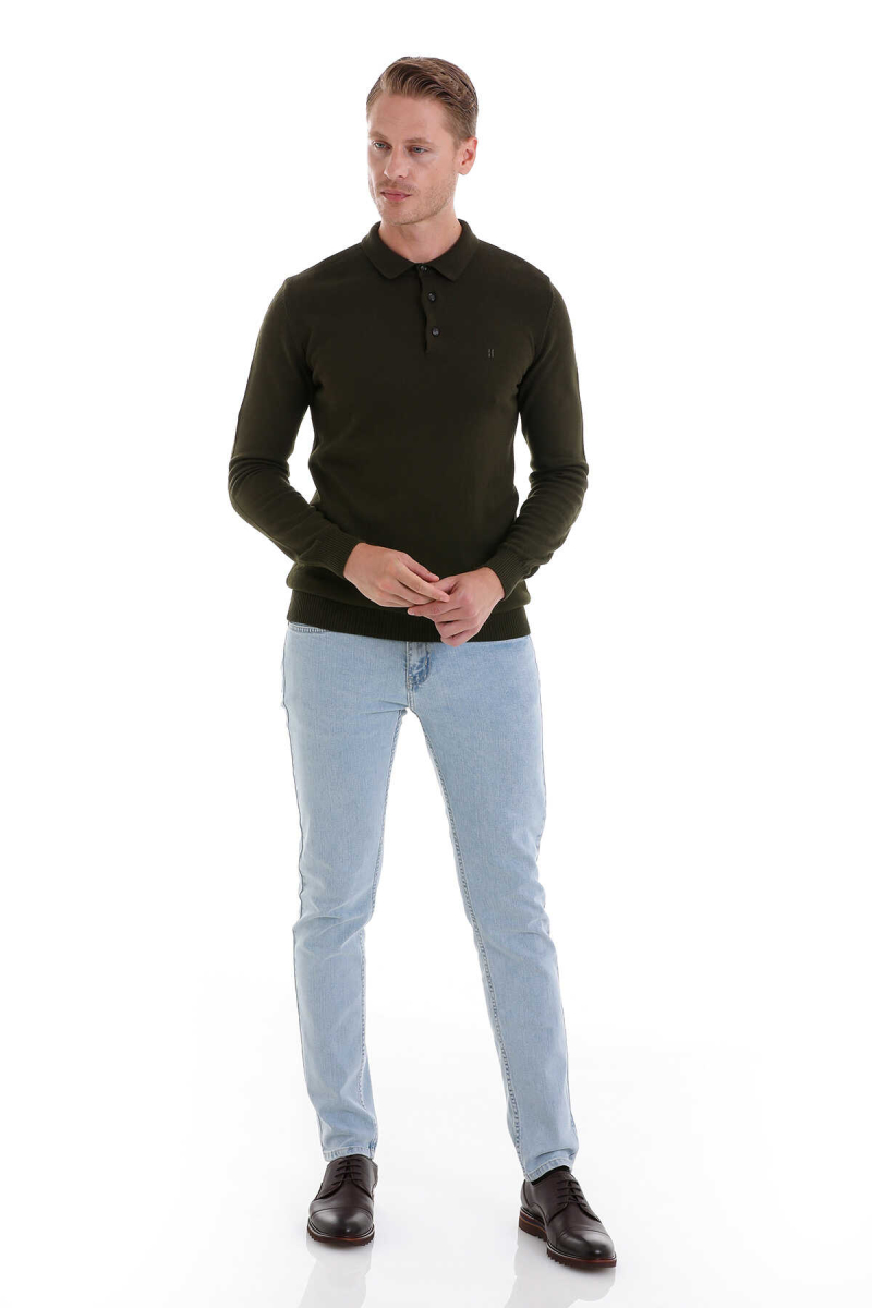 Haki Regular Fit Düz Polo Yaka Triko Kazak - Hatemoğlu (1)