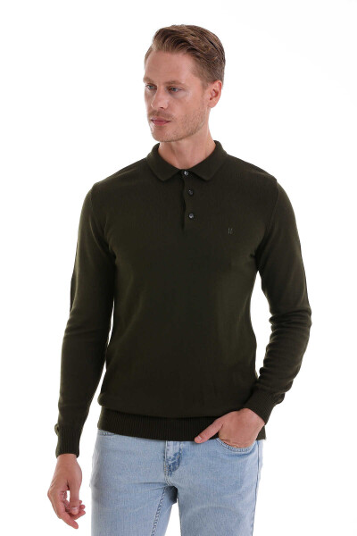 Haki Regular Fit Düz Polo Yaka Triko Kazak - 3