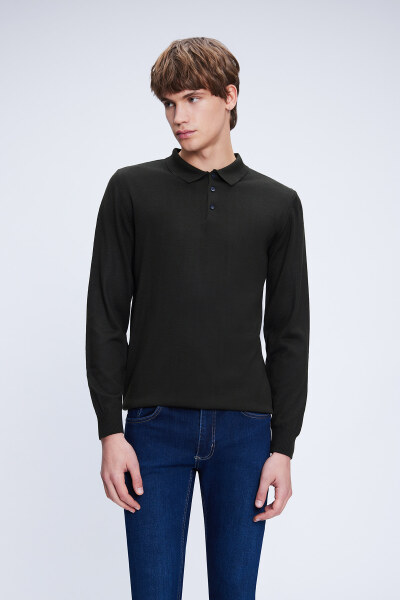 Haki Regular Fit Düz Polo Yaka Yünlü Triko Kazak 