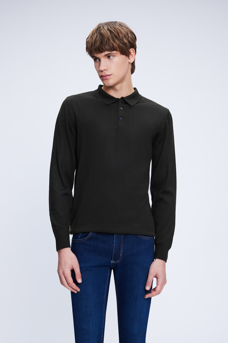 Haki Regular Fit Düz Polo Yaka Yünlü Triko Kazak - Hatemoğlu