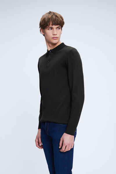 Haki Regular Fit Düz Polo Yaka Yünlü Triko Kazak - 3