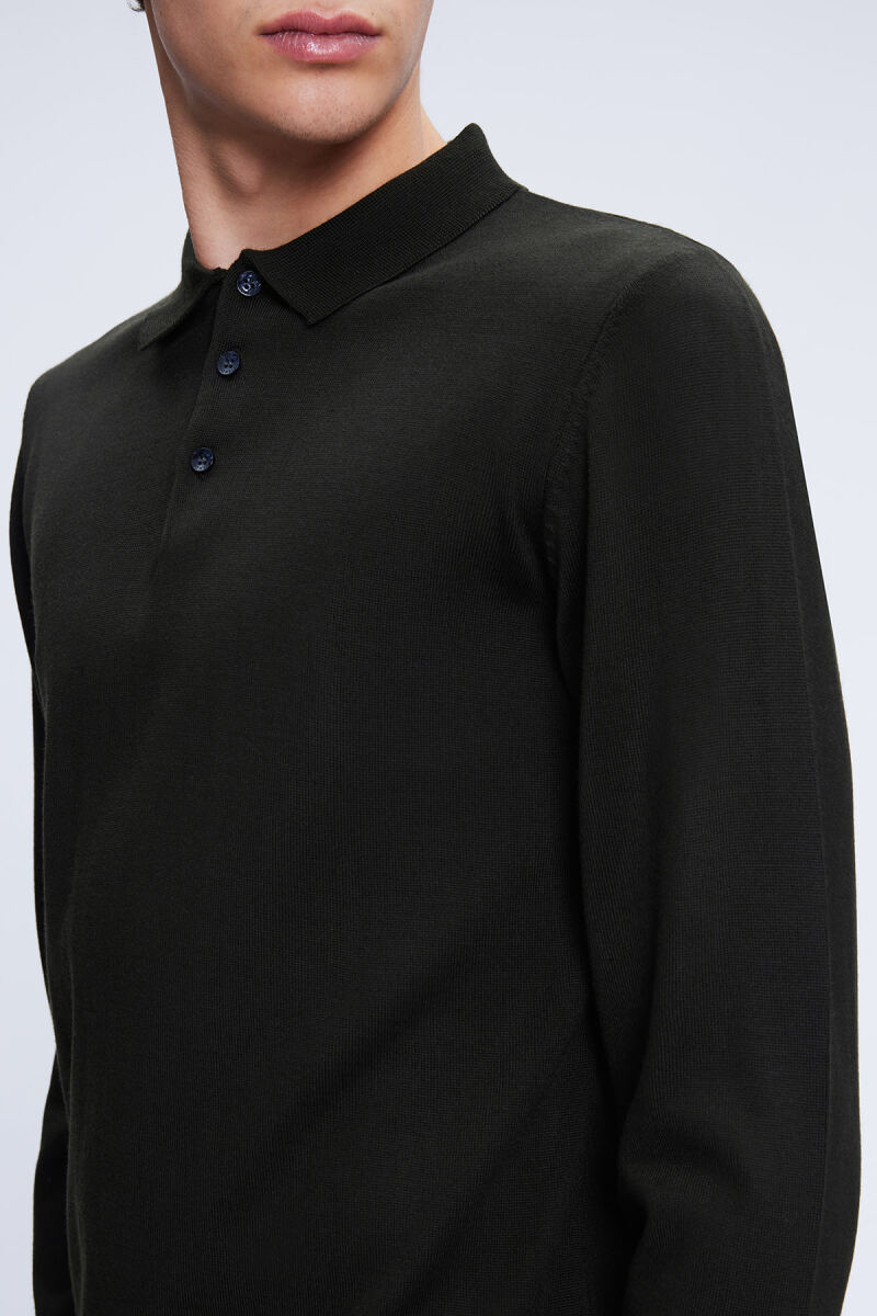 Haki Regular Fit Düz Polo Yaka Yünlü Triko Kazak - Hatemoğlu (1)