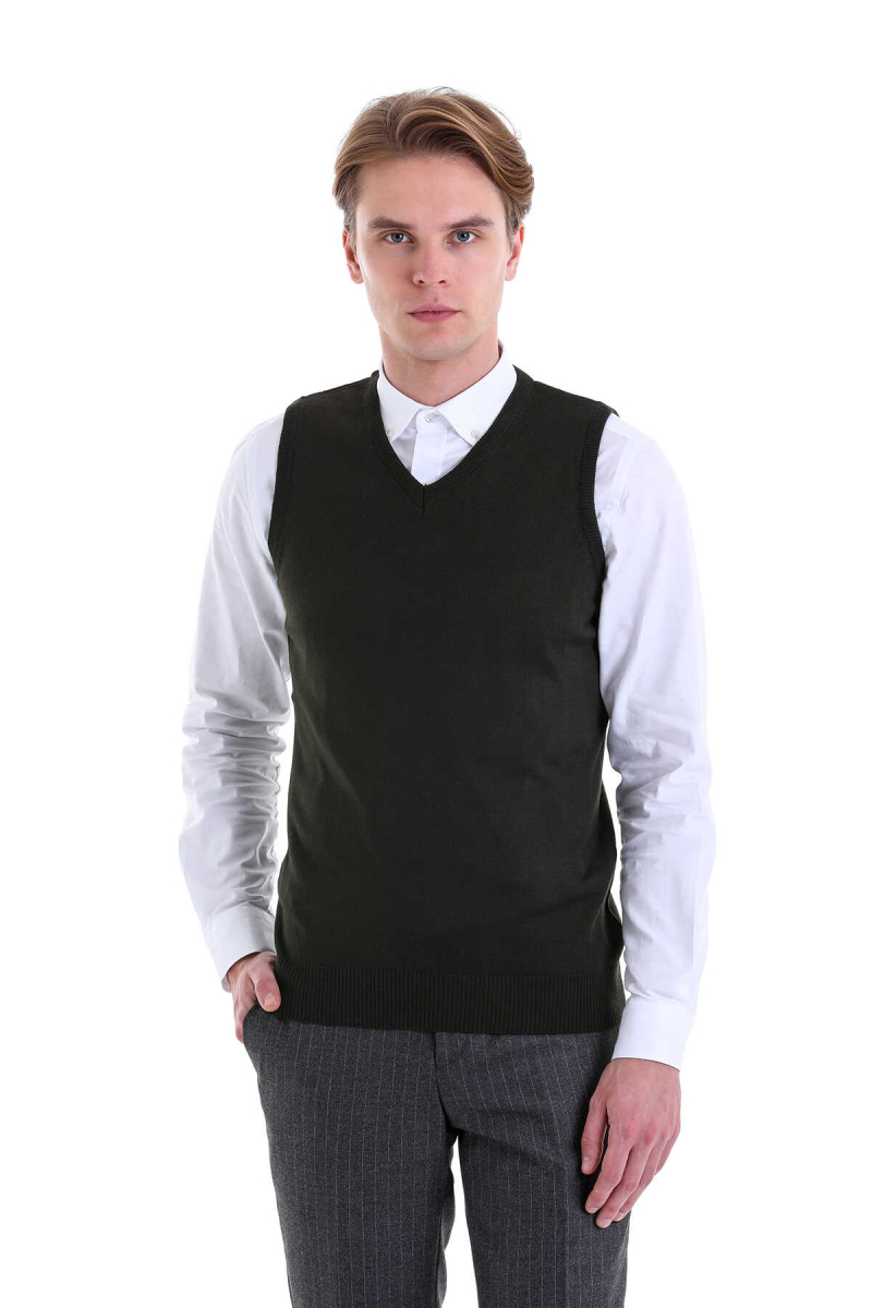 Haki Comfort Fit V Yaka Yünlü Triko Süveter - Hatemoğlu