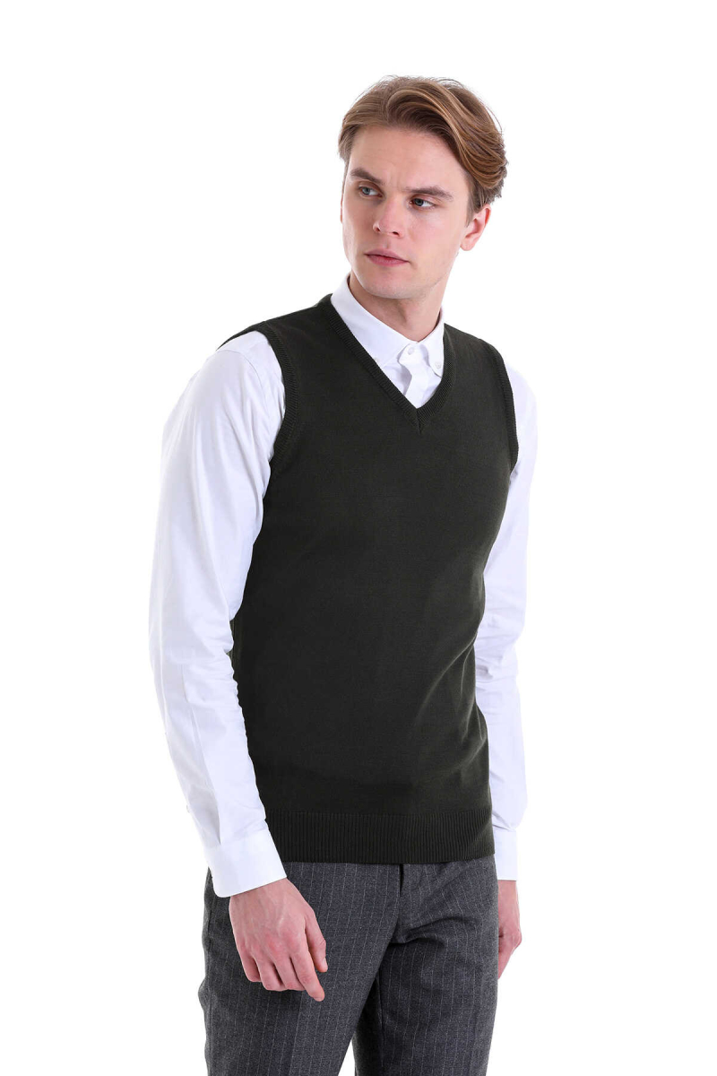 Haki Comfort Fit V Yaka Yünlü Triko Süveter - Hatemoğlu (1)