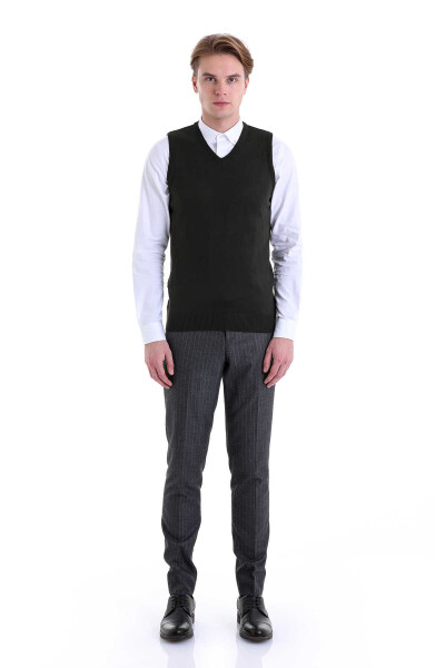 Haki Comfort Fit V Yaka Yünlü Triko Süveter - 4