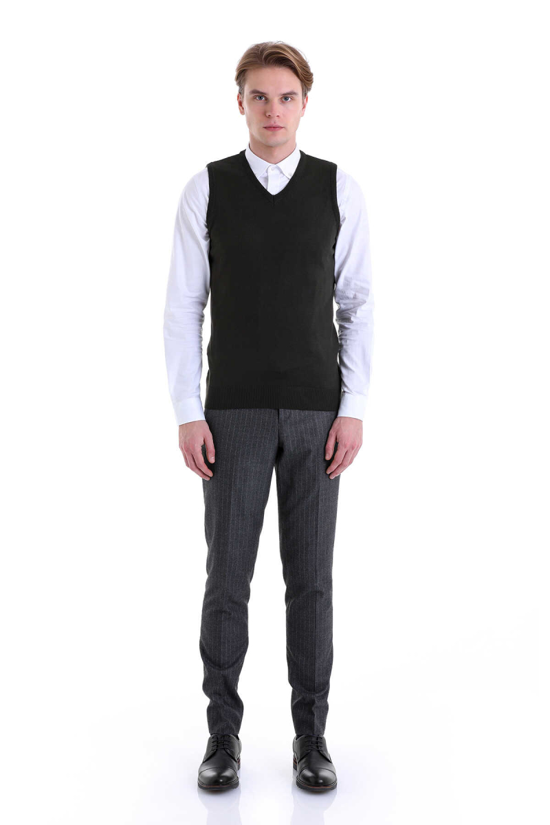 Haki Comfort Fit V Yaka Yünlü Triko Süveter - Hatemoğlu (1)