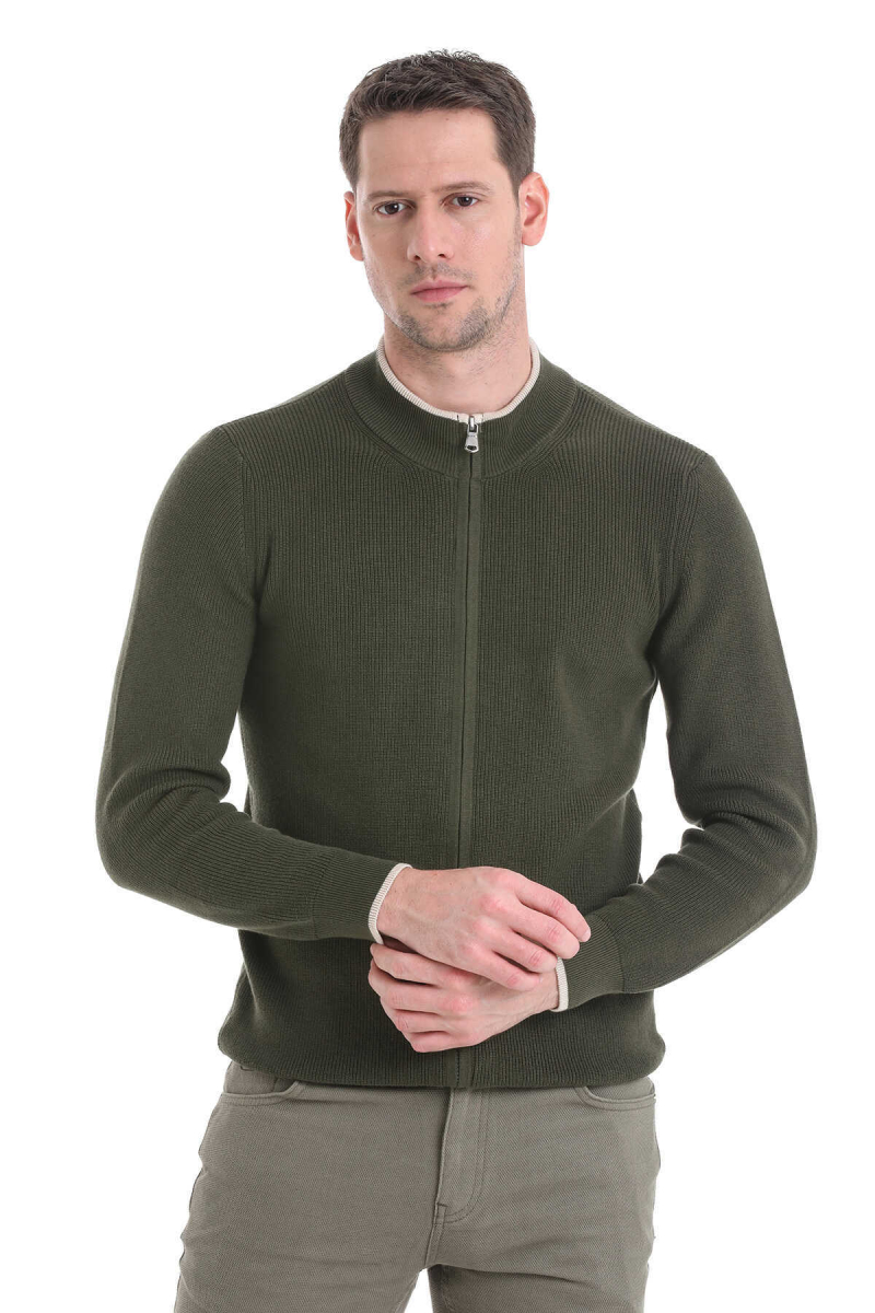 Haki Regular Fit Yarım Balıkçı Yaka Fermuarlı Triko Hırka - Hatem Saykı