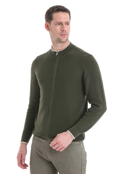 Haki Regular Fit Yarım Balıkçı Yaka Fermuarlı Triko Hırka - 4