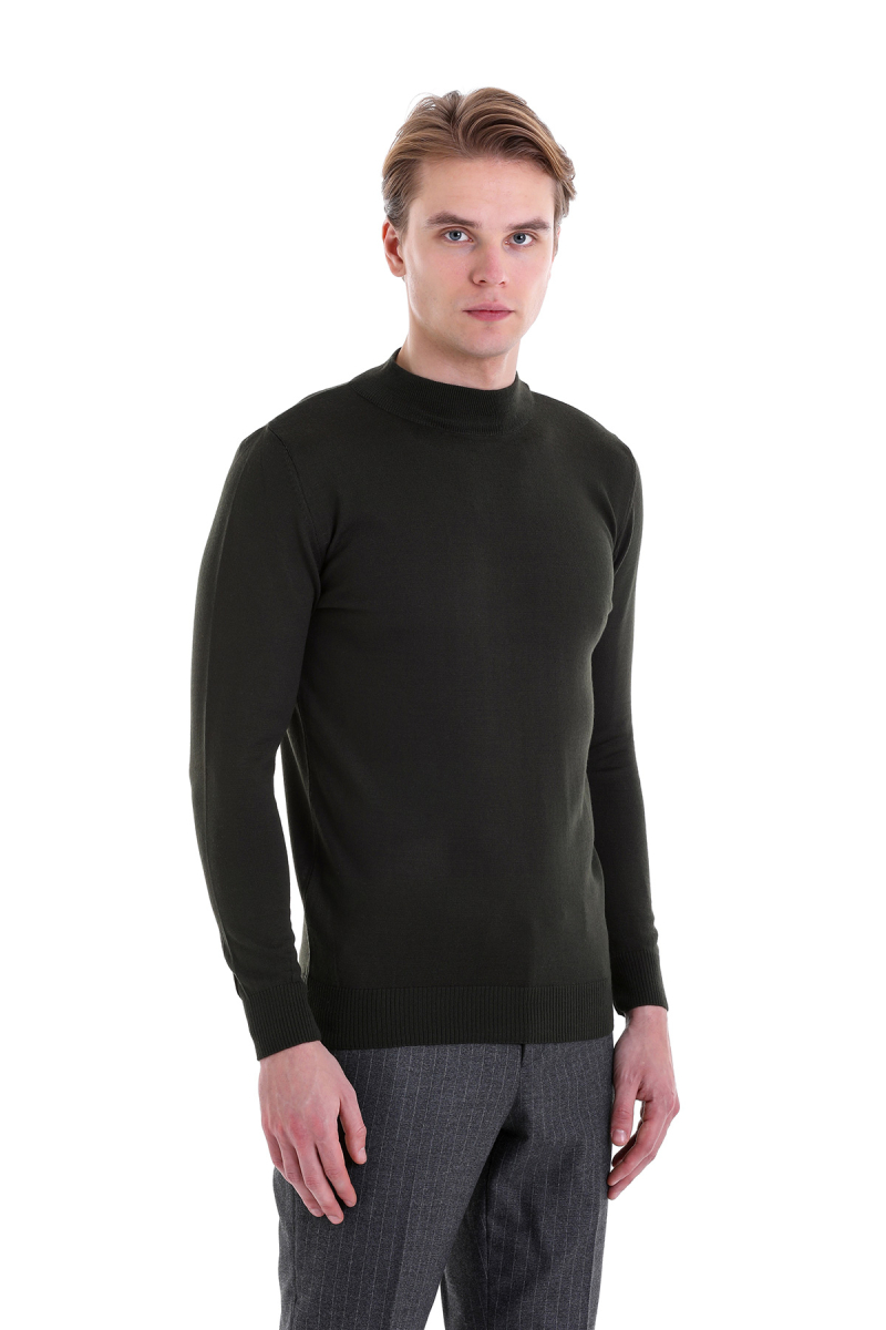 Haki Comfort Fit Yarım Balıkçı Yaka Yünlü Kazak - Hatemoğlu