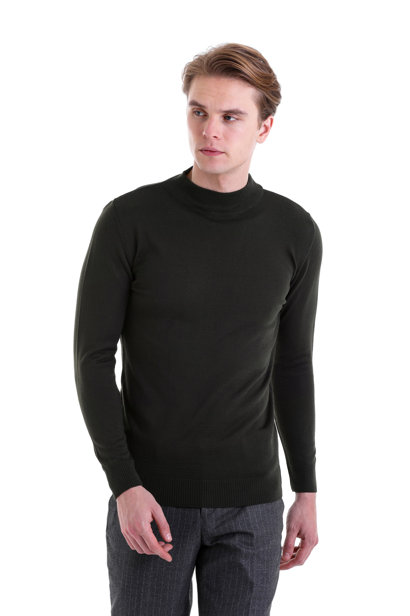 Haki Comfort Fit Yarım Balıkçı Yaka Yünlü Kazak - Hatemoğlu (1)