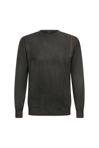 Haki Regular Fit Jakarlı Bisiklet Yaka Yünlü Triko Kazak - 1