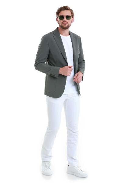 Haki Slim Fit Çizgili Mono Yaka Casual Ceket - 2
