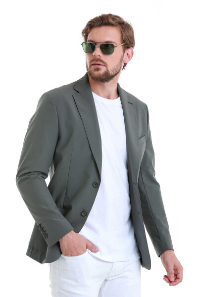 Haki Slim Fit Çizgili Mono Yaka Casual Ceket - 3