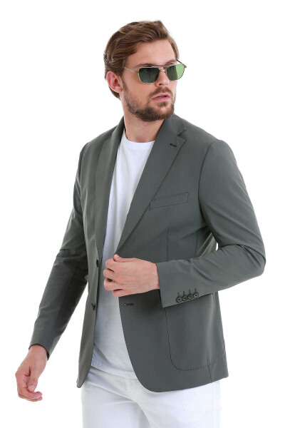 Haki Slim Fit Çizgili Mono Yaka Casual Ceket - 4