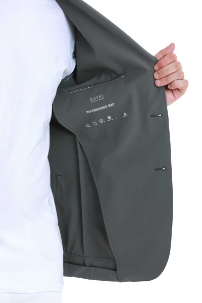 Haki Slim Fit Çizgili Mono Yaka Casual Ceket - 5