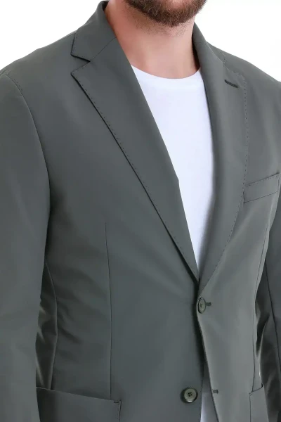 Haki Slim Fit Çizgili Mono Yaka Casual Ceket - 6