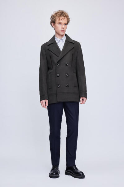 Haki Slim Fit Kruvaze Yünlü Kaşe Kaban - 2