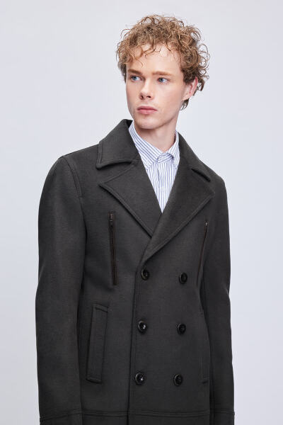 Haki Slim Fit Kruvaze Yünlü Kaşe Kaban - 3