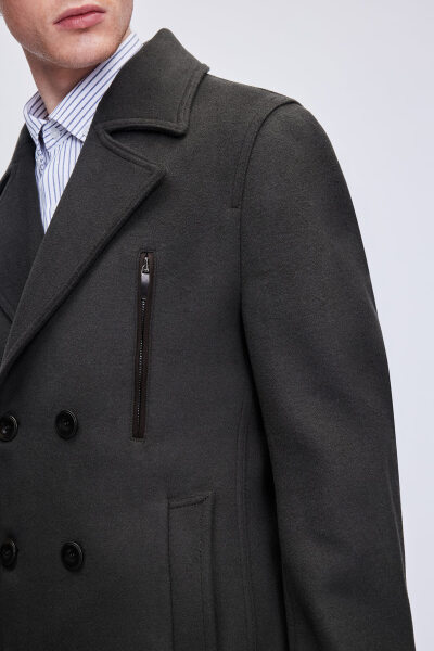 Haki Slim Fit Kruvaze Yünlü Kaşe Kaban - 7