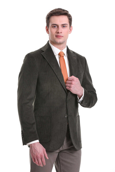 Haki Slim Fit Mono Yaka Pamuklu Kadife Ceket - 3