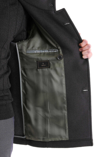 Haki Slim Fit Mono Yaka Yünlü Kruvaze Kaşe Kaban - 6