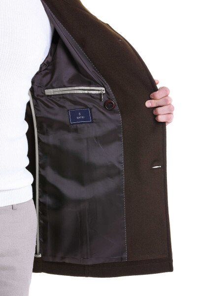 Haki Slim Fit Mono Yaka Yünlü Kruvaze Kaşe Kaban - 6