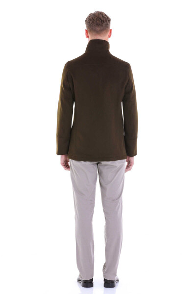 Haki Slim Fit Mono Yaka Yünlü Kruvaze Kaşe Kaban - 7