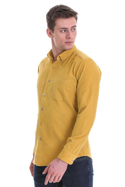 Sarı Slim Fit 100% Pamuklu Düğmeli Yaka Uzun Kollu Klasik Gömlek - 4