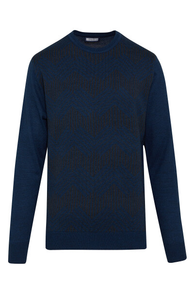 indigo Regular Fit Desenli Bisiklet Yaka Yünlü Kazak 