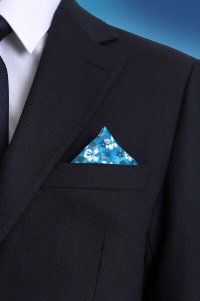 Indigo Desenli Klasik Saten Cep Mendili - 2