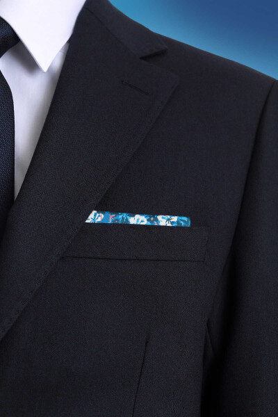 Indigo Desenli Klasik Saten Cep Mendili - 3