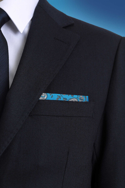 Indigo Desenli Klasik Saten Cep Mendili - 3