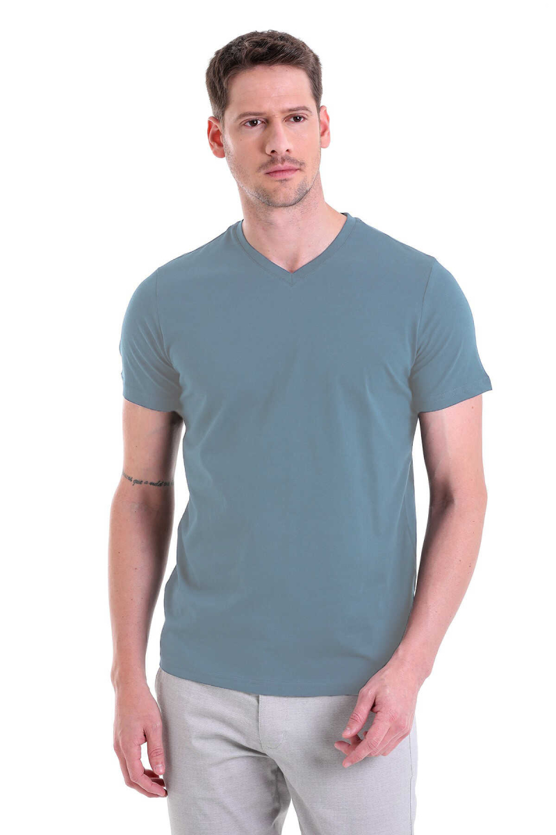 Mavi Regular Fit Düz 100% Pamuklu V Yaka Tişört - HTML (1)