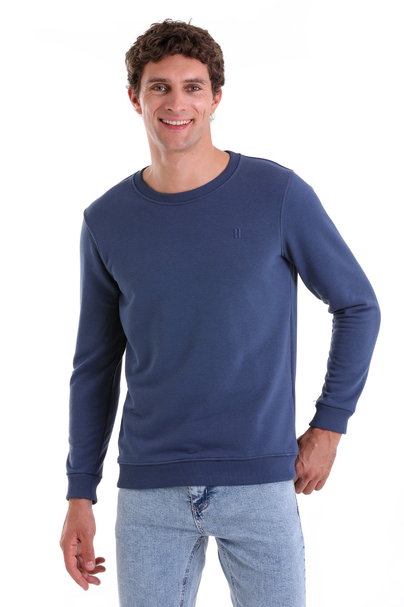 Mavi Regular Fit Düz Pamuklu Bisiklet Yaka Sweatshirt - Hatemoğlu