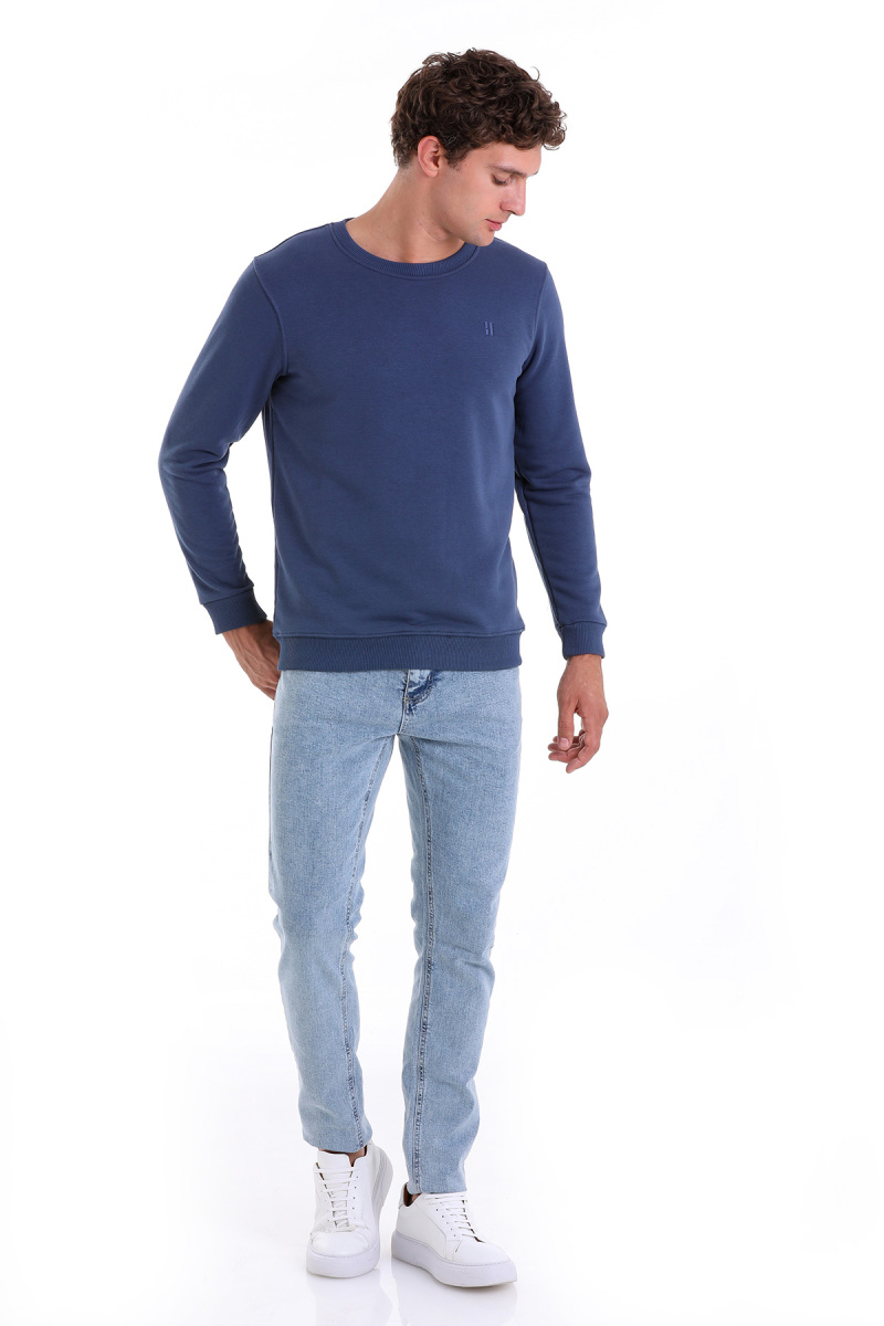 Mavi Regular Fit Düz Pamuklu Bisiklet Yaka Sweatshirt - Hatemoğlu (1)