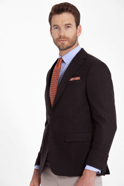 Kahverengi Balıksırtı Desen Slim Fit Ceket - 3