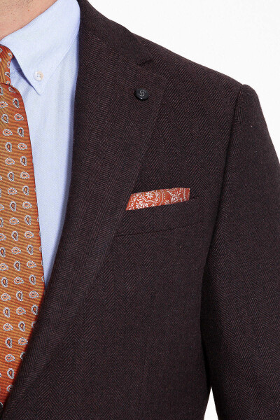 Kahverengi Balıksırtı Desen Slim Fit Ceket - 5