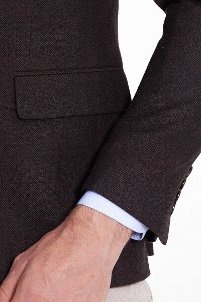 Kahverengi Balıksırtı Desen Slim Fit Ceket - 6