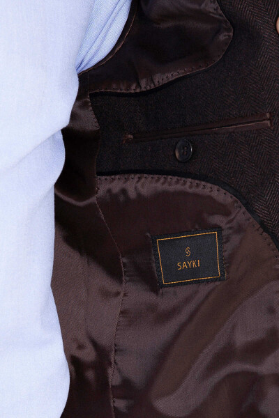 Kahverengi Balıksırtı Desen Slim Fit Ceket - 7