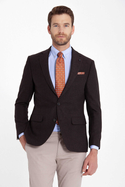 Kahverengi Balıksırtı Desen Slim Fit Ceket - 1