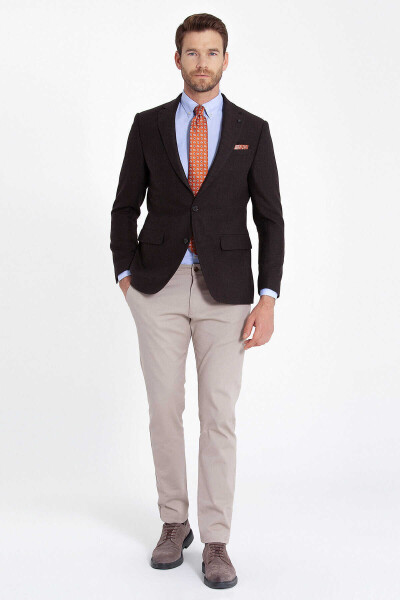 Kahverengi Balıksırtı Desen Slim Fit Ceket - 2